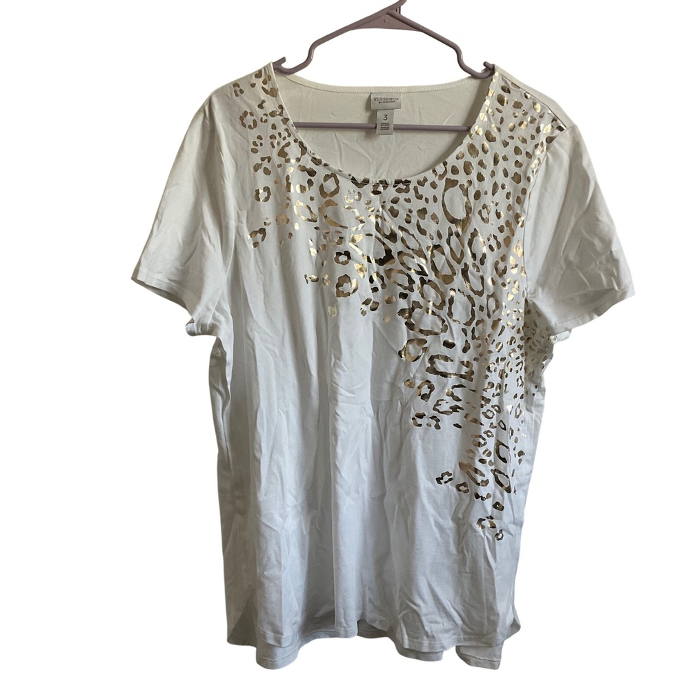 Weekend's By Chico's White Metallic Leopard Print Tee - Size XL